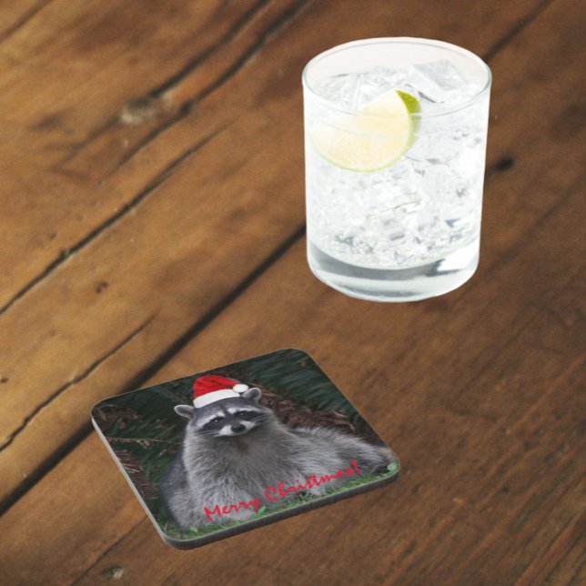 Cute Racoon Wearing Red Santa Hat Coaster (In Situ Glass)