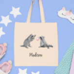 Cute Racoon with Bubble Gum Personalised Tote Bag<br><div class="desc">This design was created through digital art. You can change the personalisation by using the customise button and adding a name, initials or your favourite words. Contact me at colorflowcreations@gmail.com if you with to have this design on another product. Purchase my original abstract acrylic painting for sale at www.etsy.com/colorflowart. See...</div>