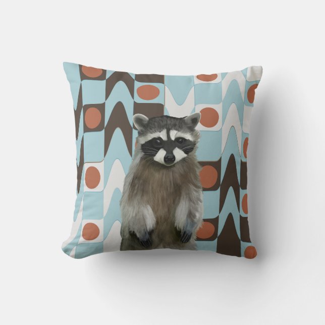 Cute Racoon With Fun Geometric Background Cushion (Front)