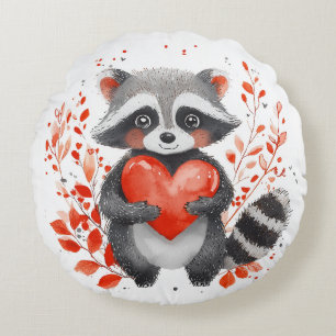 cute racoon with heart for valentine's day  round cushion