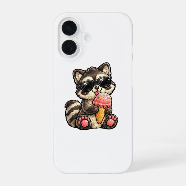 Cute Racoon With Ice Cream And Sunglasses iPhone 16 Case (Back)