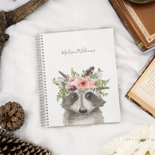 Cute Racoon with Watercolor Floral Crown Notebook