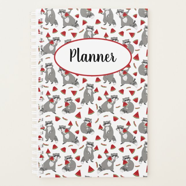 Cute racoon with watermelon personalised planner (Front)
