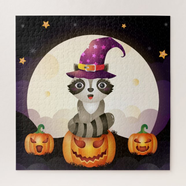 Cute Racoon Wizard, Pumpkins and Moon Jigsaw Puzzle (Vertical)