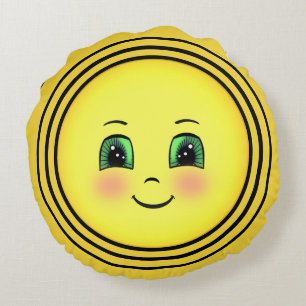 Cute Radiant Sun Happy Face Emoji Round Cushion