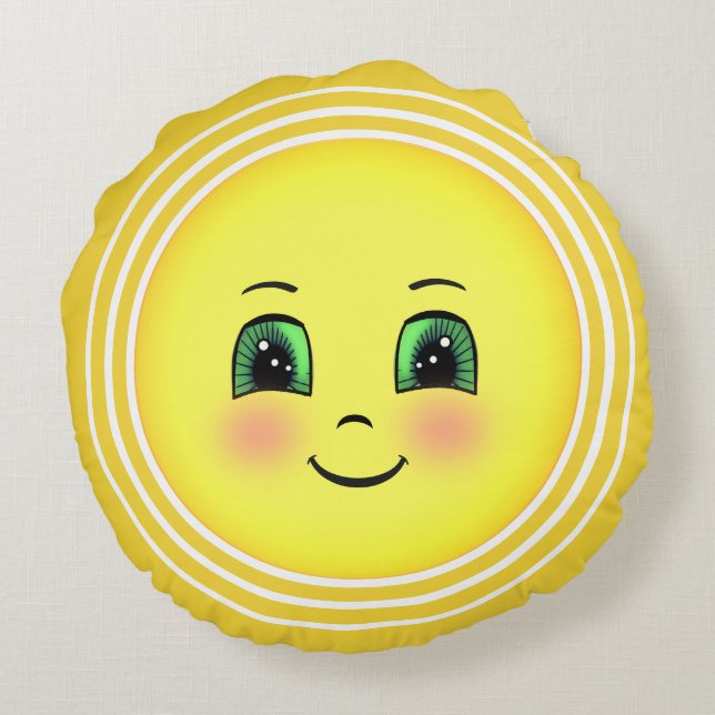 Cute Radiant Sun Happy Face Emoji Round Cushion (Back)