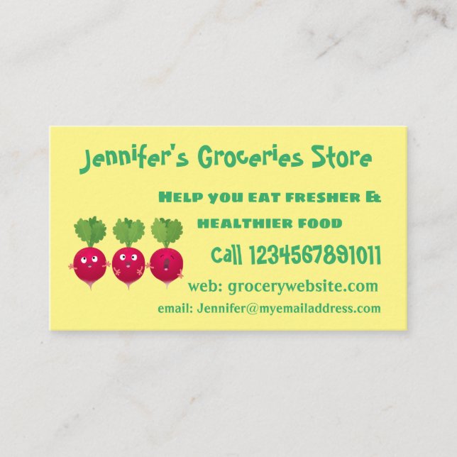 Cute radishes singing trio cartoon vegetables business card (Front)