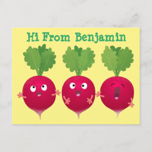 Cute radishes singing trio cartoon vegetables postcard