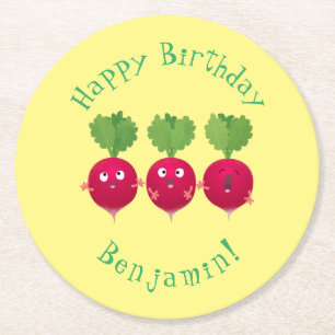 Cute radishes singing trio cartoon vegetables round paper coaster