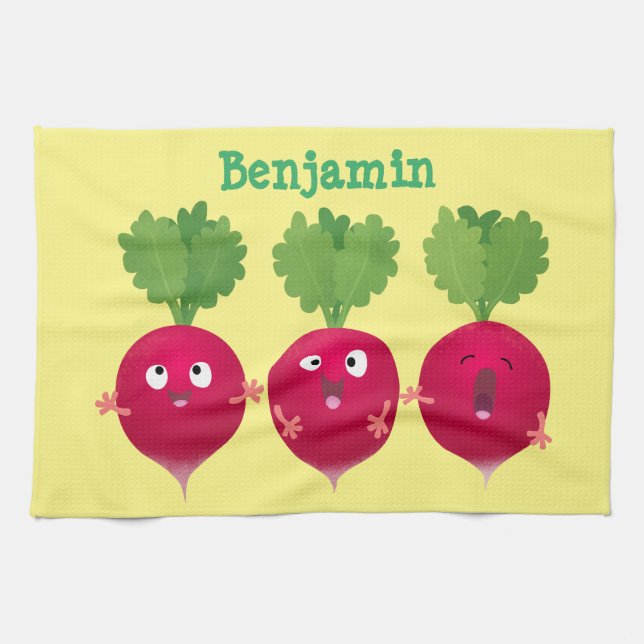 Cute radishes singing trio cartoon vegetables tea towel (Horizontal)