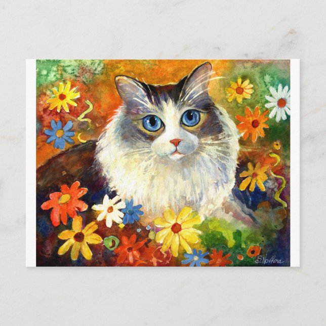 Cute Ragdoll Cat with flowers Postcard (Front)