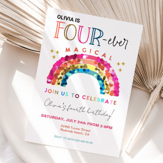 Cute Rainbow 4th birthday FOUR ever Magical Invitation