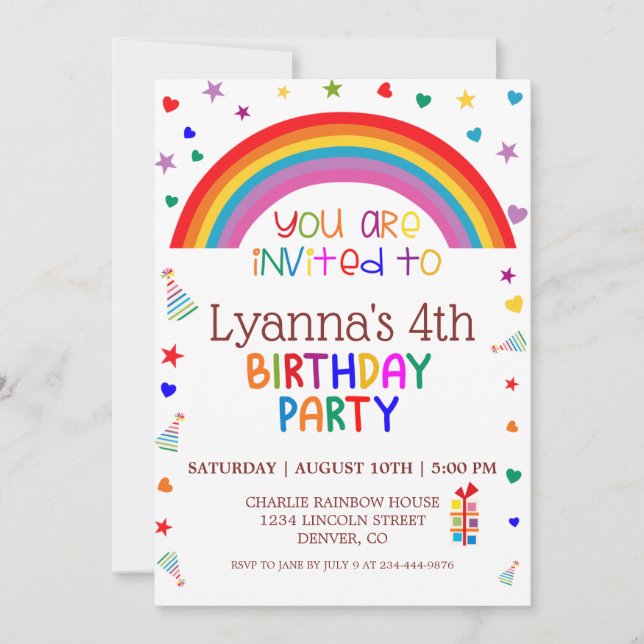 Cute Rainbow 4th Birthday Party Invitation (Front)