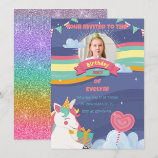 Cute Rainbow Add Photo Unicorn Birthday Invitation