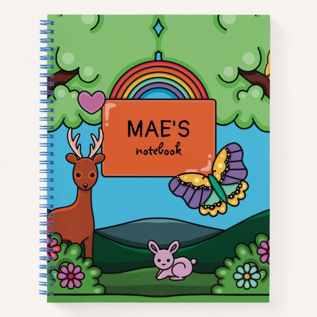 Cute Rainbow and Butterfly Personalised Girls Notebook (Front)