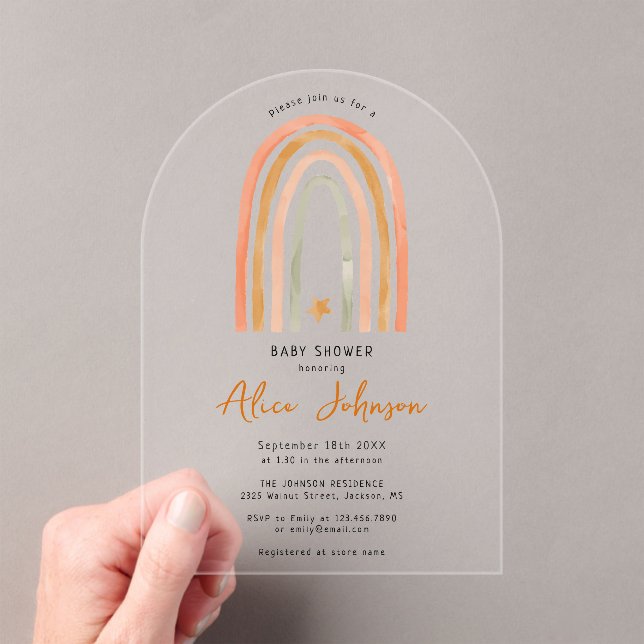 Cute Rainbow And Star Boho Baby Shower Arched Acrylic Invitations (Insitu (Handheld))