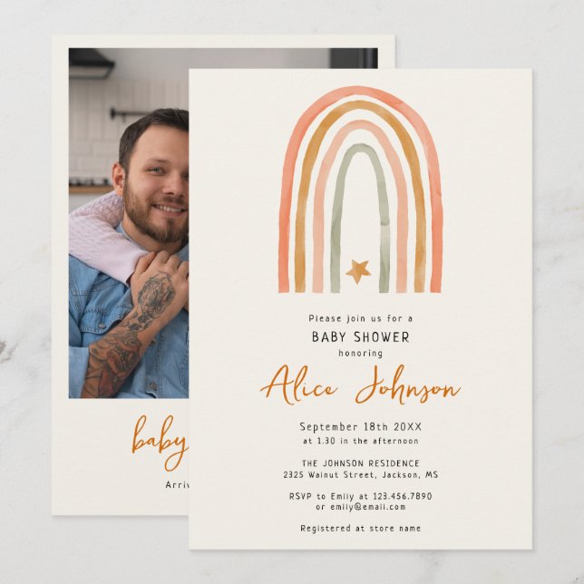 Cute Rainbow And Star Photo Boho Baby Shower Invitation (Front/Back)