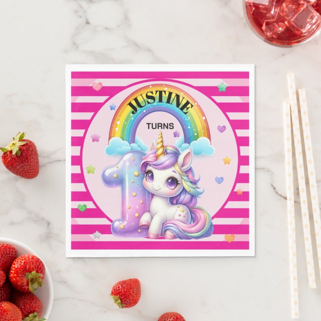 Cute Rainbow and Unicorn 1st Birthday Napkin (Insitu)