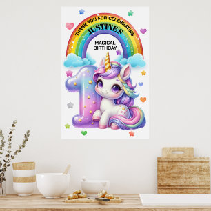 Cute Rainbow and Unicorn 1st Birthday Party Poster