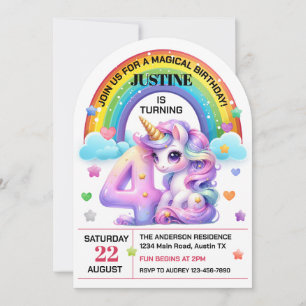 Cute Rainbow and Unicorn 4th Birthday Party Invitation