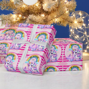 Cute Rainbow and Unicorn 4th Birthday Wrapping Paper