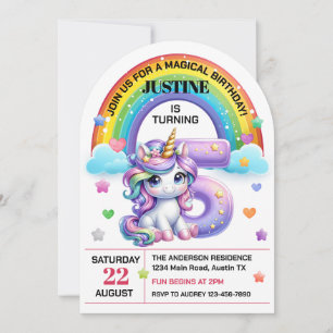 Cute Rainbow and Unicorn 5th Birthday Party Invitation