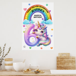 Cute Rainbow and Unicorn 6th Birthday Party Poster