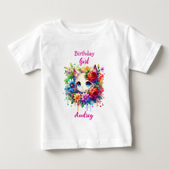 Cute Rainbow Anime Cat Birthday Girl Personalised Baby T-Shirt (Front)