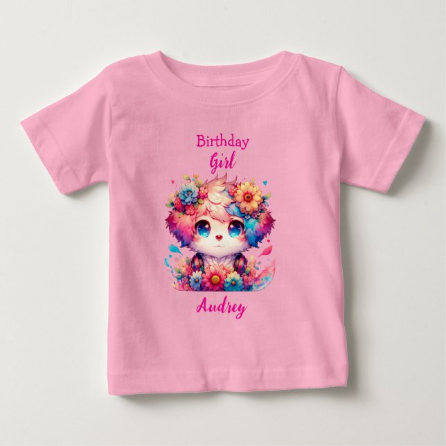 Cute Rainbow Anime Dog Birthday Girl Personalised Baby T-Shirt (Front)