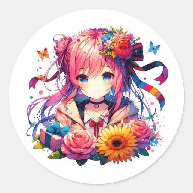 Cute Rainbow Anime Girl and Kitten Birthday Party Classic Round Sticker (Front)
