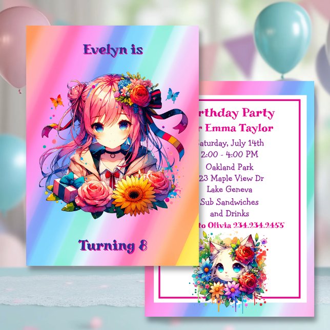 Cute Rainbow Anime Girl and Kitten Birthday Party Invitation (Creator Uploaded)