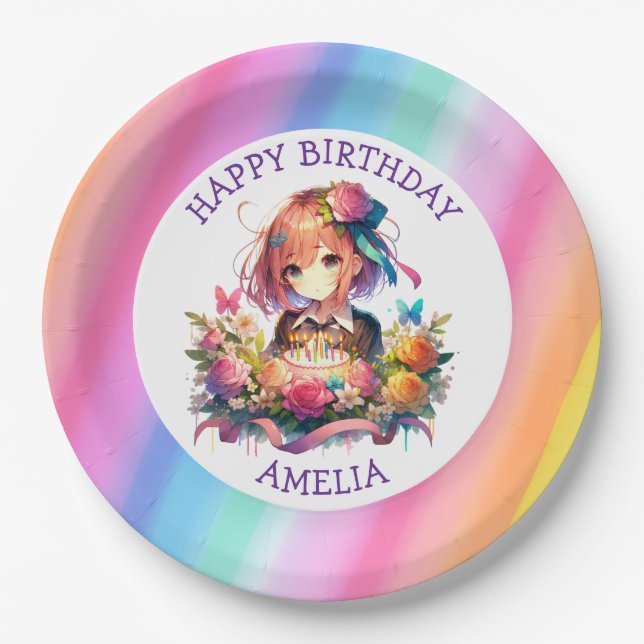 Cute Rainbow Anime Girl Birthday Cake Personalised Paper Plate (Front)