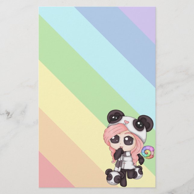 Cute Rainbow Anime Panda Girl Stationery (Front)