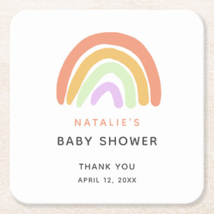 Cute Rainbow Baby Shower Elegant Simple Peach  Square Paper Coaster