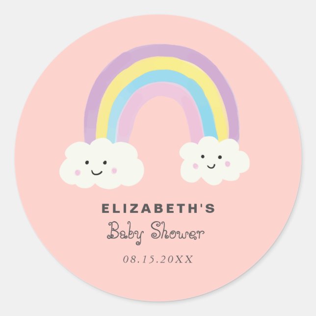 Cute Rainbow Baby Shower Girl Pink Kawaii Modern Classic Round Sticker (Front)