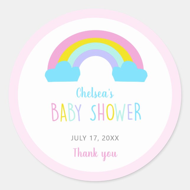 Cute Rainbow Baby Shower Thank you Pink pastel Classic Round Sticker (Front)