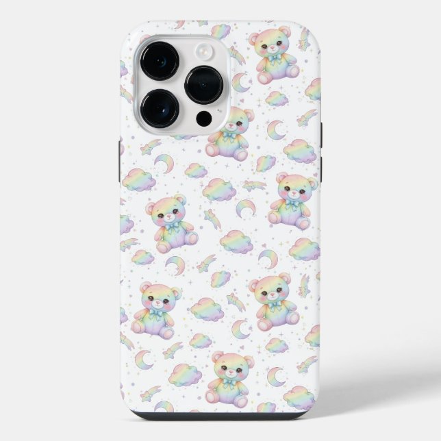 Cute Rainbow Bear and Pastel Clouds Pattern iPhone Case (Back)