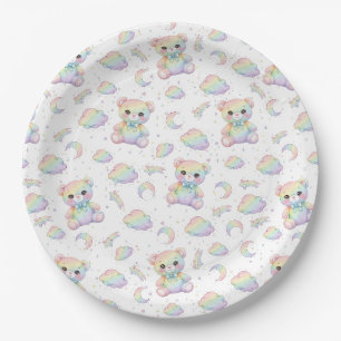 Cute Rainbow Bear and Pastel Clouds Pattern Paper Plate