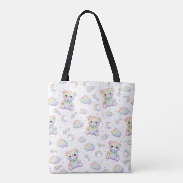 Cute Rainbow Bear and Pastel Clouds Pattern Tote Bag (Back)