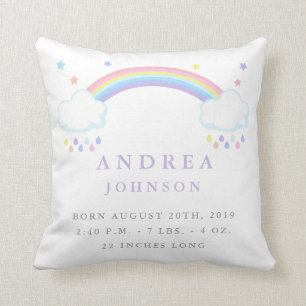 Cute Rainbow Birth Announcement Nursery Pillow