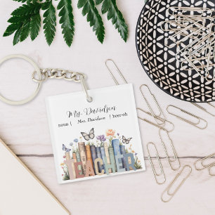 Cute Rainbow Bookshelf & Books Teacher Monogram Key Ring