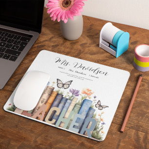 Cute Rainbow Bookshelf & Books Teacher Monogram Mouse Pad
