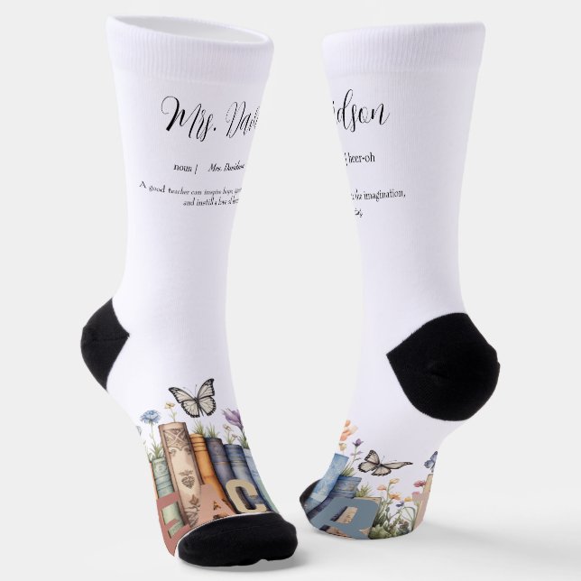 Cute Rainbow Bookshelf & Books Teacher Monogram Socks (Angled)