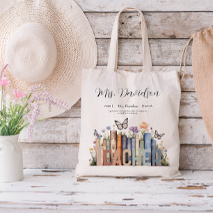 Cute Rainbow Bookshelf & Books Teacher Monogram Tote Bag