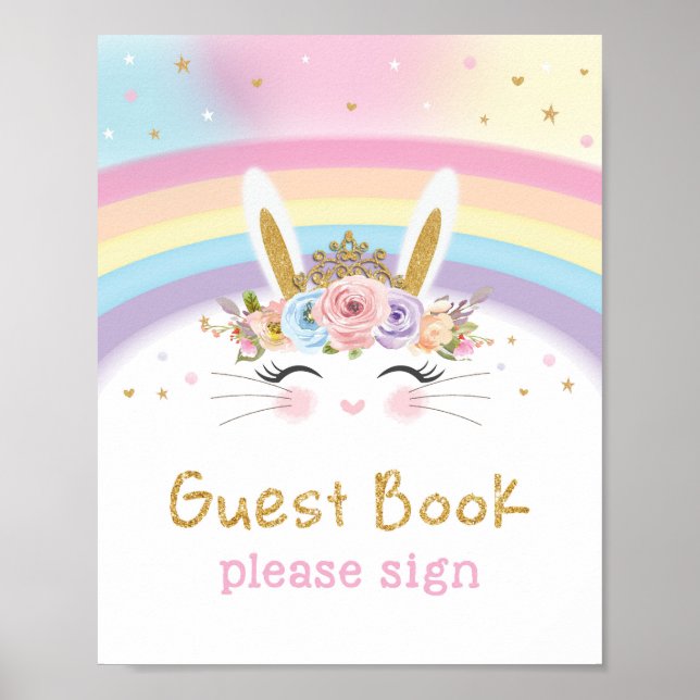 Cute Rainbow Bunny 1st Birthday Guest Book Sign (Front)