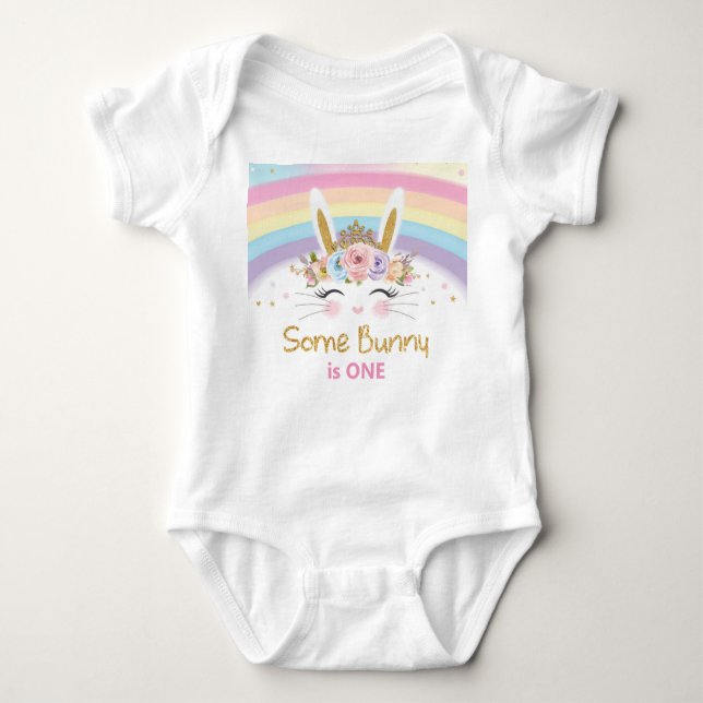 Cute Rainbow Bunny 1st Birthday Party Costume Baby Bodysuit (Front)