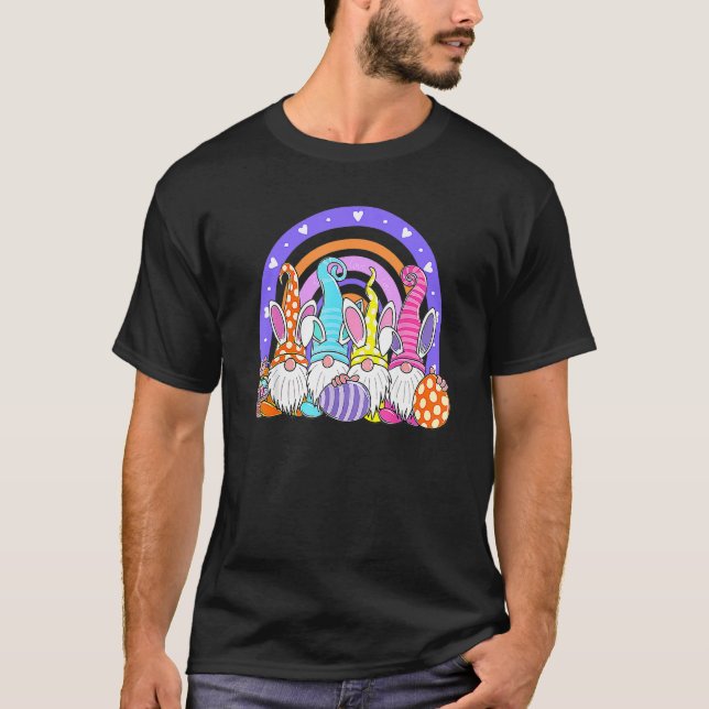 Cute Rainbow Bunny Spring Gnome Easter Eggs Huntin T-Shirt (Front)