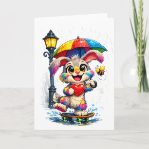 Cute Rainbow Bunny with Umbrella Design Card