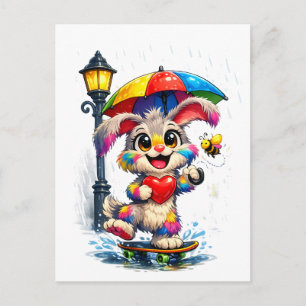 Cute Rainbow Bunny with Umbrella Design Postcard