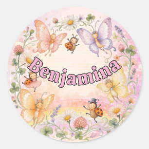 Cute Rainbow Butterfly Ladybug Flowers Whimsical Classic Round Sticker